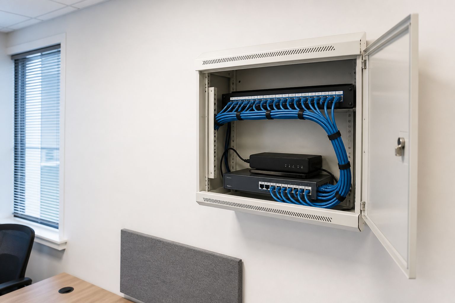 Illustrative small business communications cabinet with neatly dressed network cabling