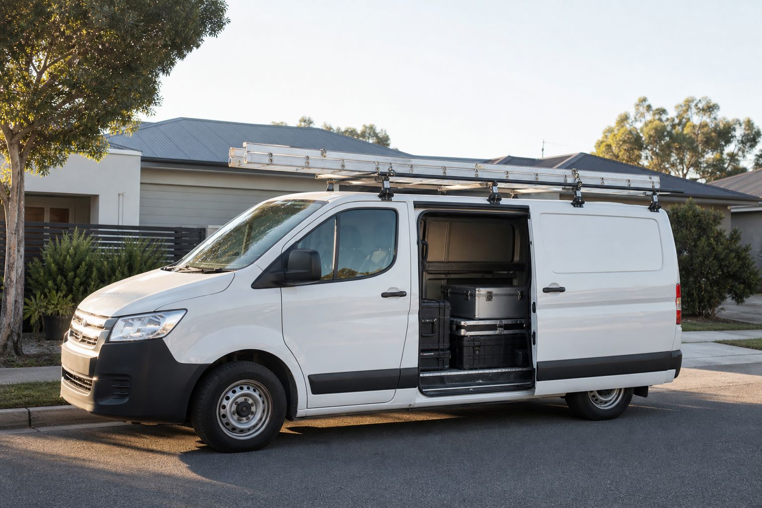 Illustrative unbranded service van with a ladder rack parked on a suburban street