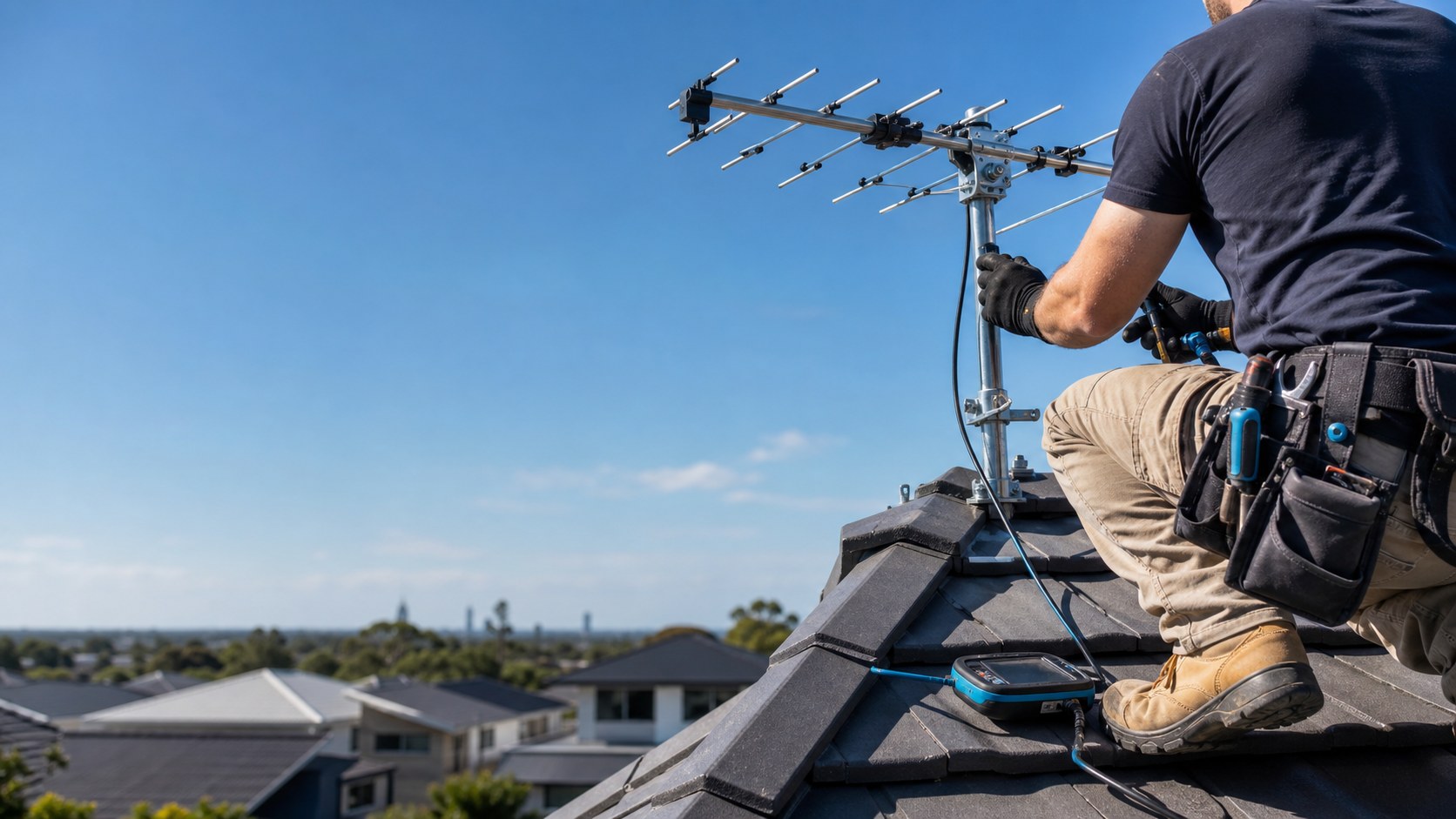 Illustrative antenna installer aligning a television antenna on a South East Queensland roof