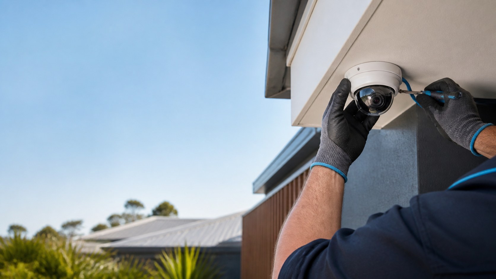 Illustrative security technician installing an exterior CCTV camera under a roof eave