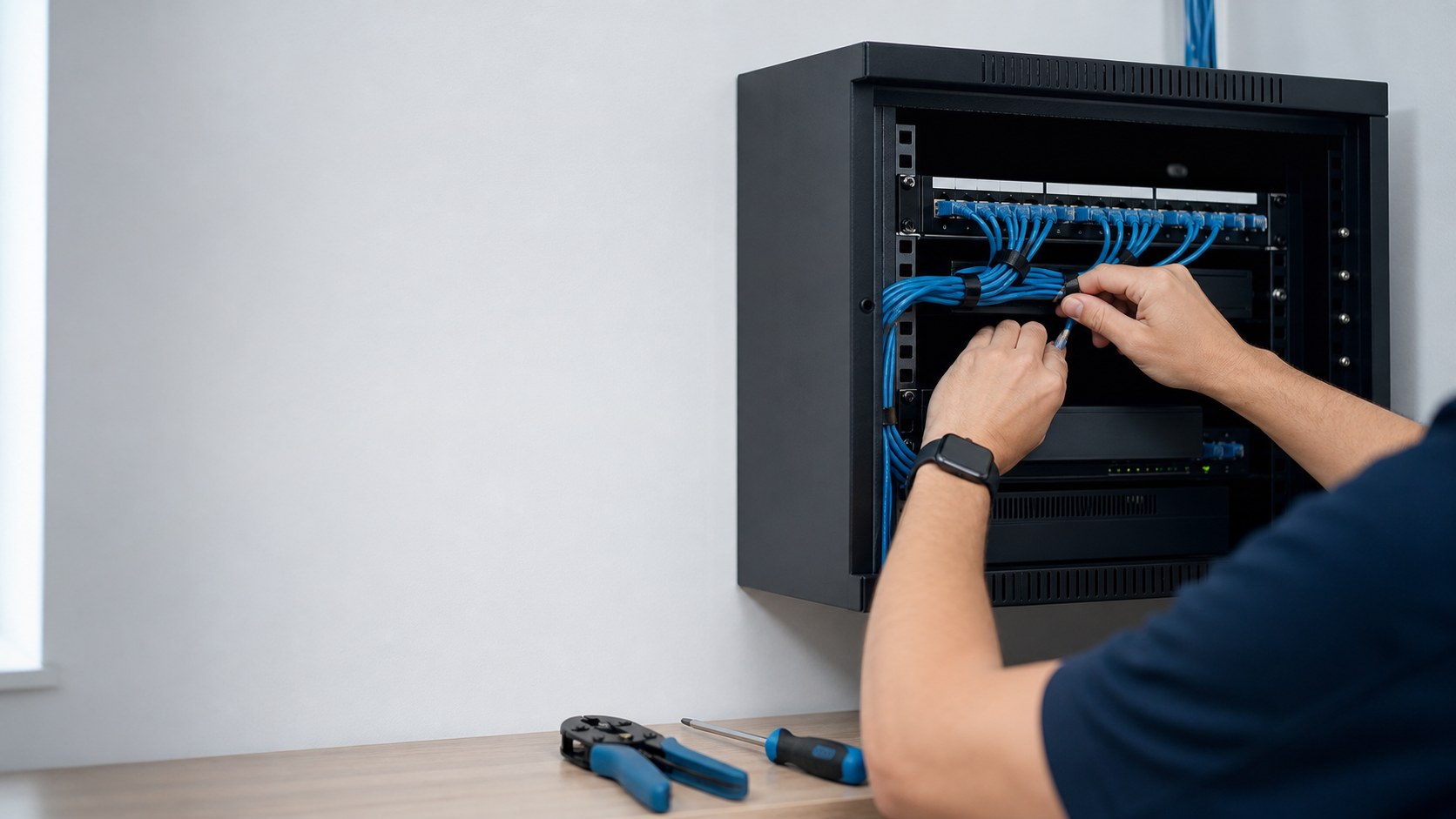 Illustrative network technician connecting data cabling in a communications cabinet
