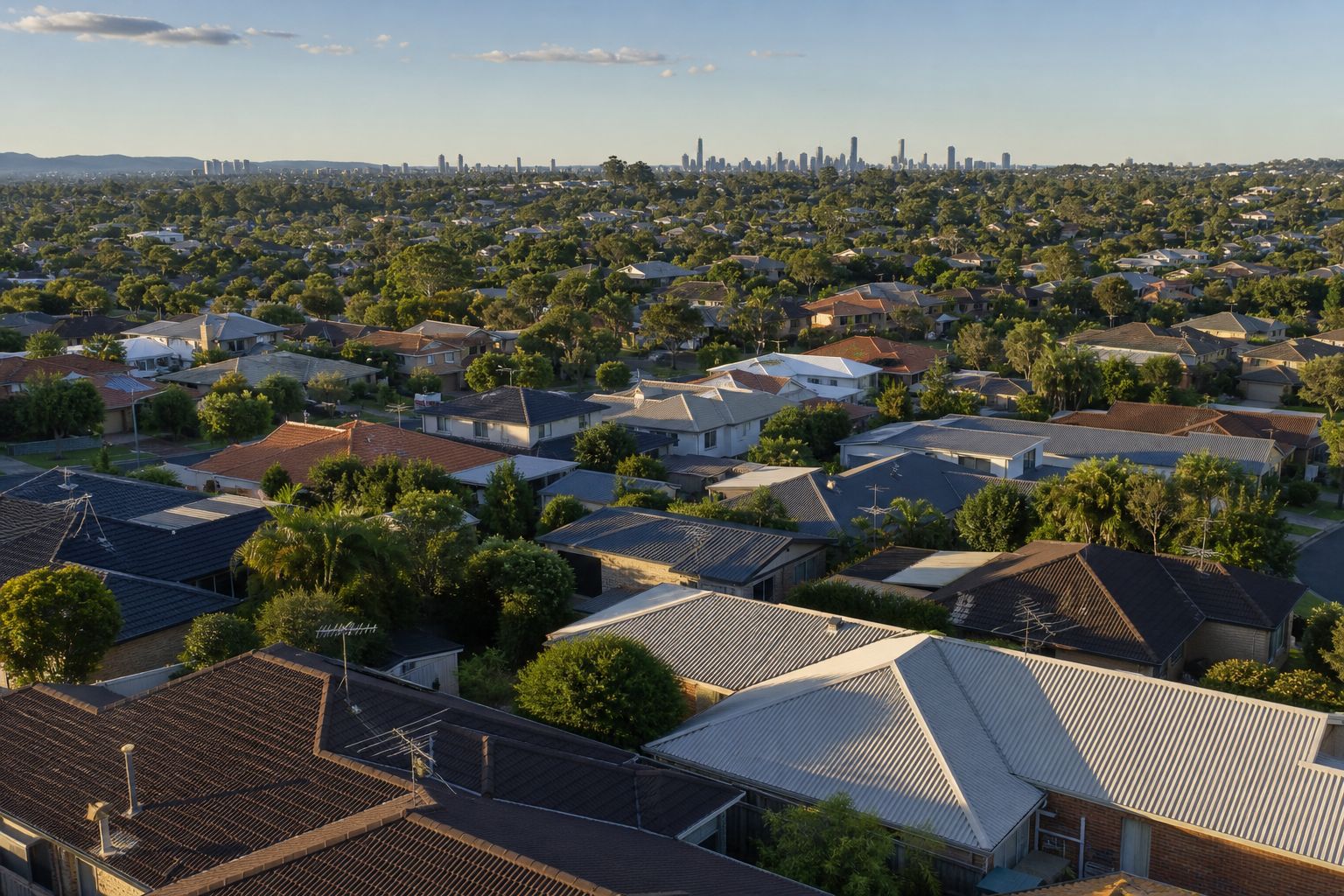 Illustrative aerial view of South East Queensland suburban rooftops with television antennas