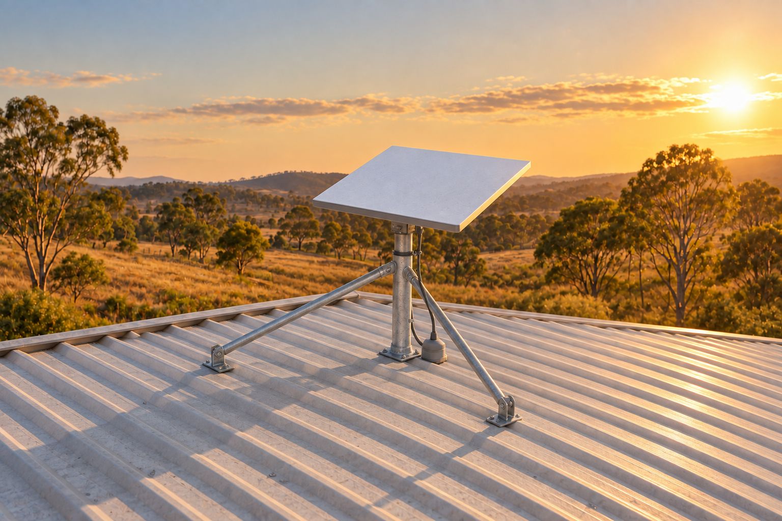 AI-generated illustrative scene of a satellite terminal on a braced metal mast at sunset