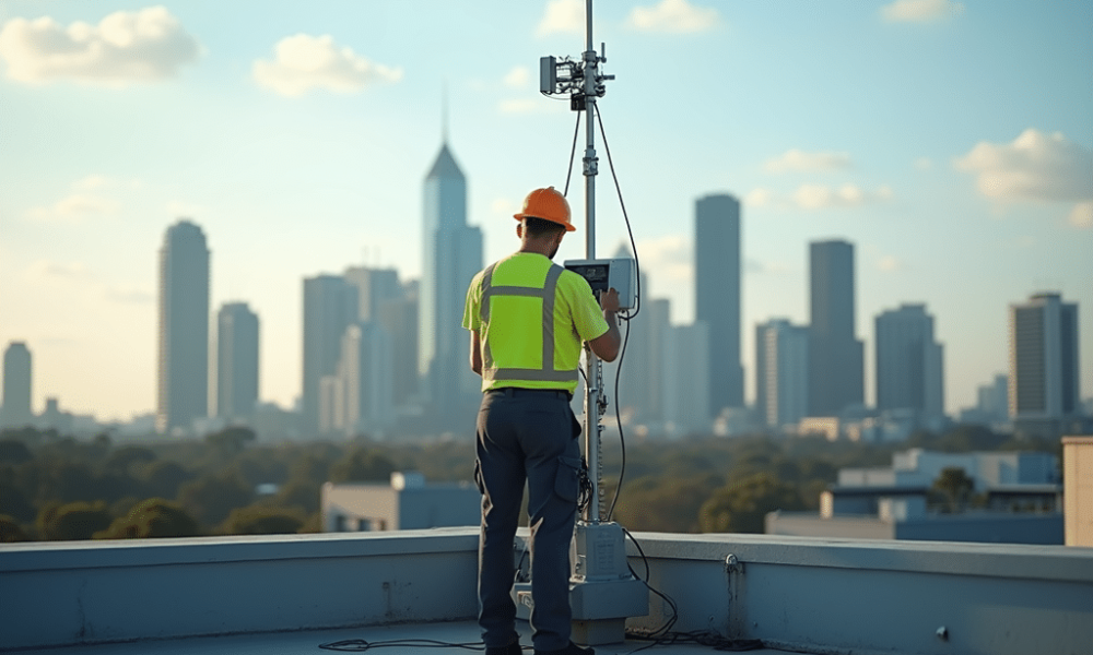 Professional technician installing an antenna on a rooftop with the Brisbane skyline in the background. Professional technician installing an antenna on a rooftop with the Brisbane skyline in the background.